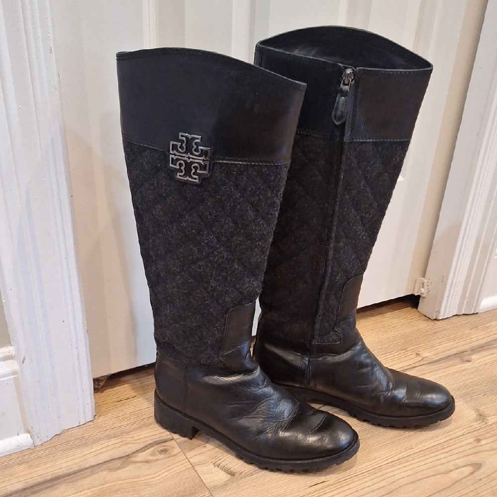 Tory Burch Melinda Black‎ Gray Quilted Leather Riding Boots Equestrian Sz 8.5